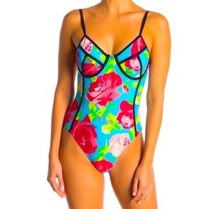 Betsey Johnson Blue & Red Floral One Piece Swimsuit with Adjustable Straps Med